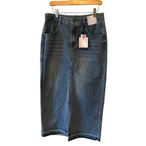 Happily Grey Long Denim Midi Skirt Medium Wash 27